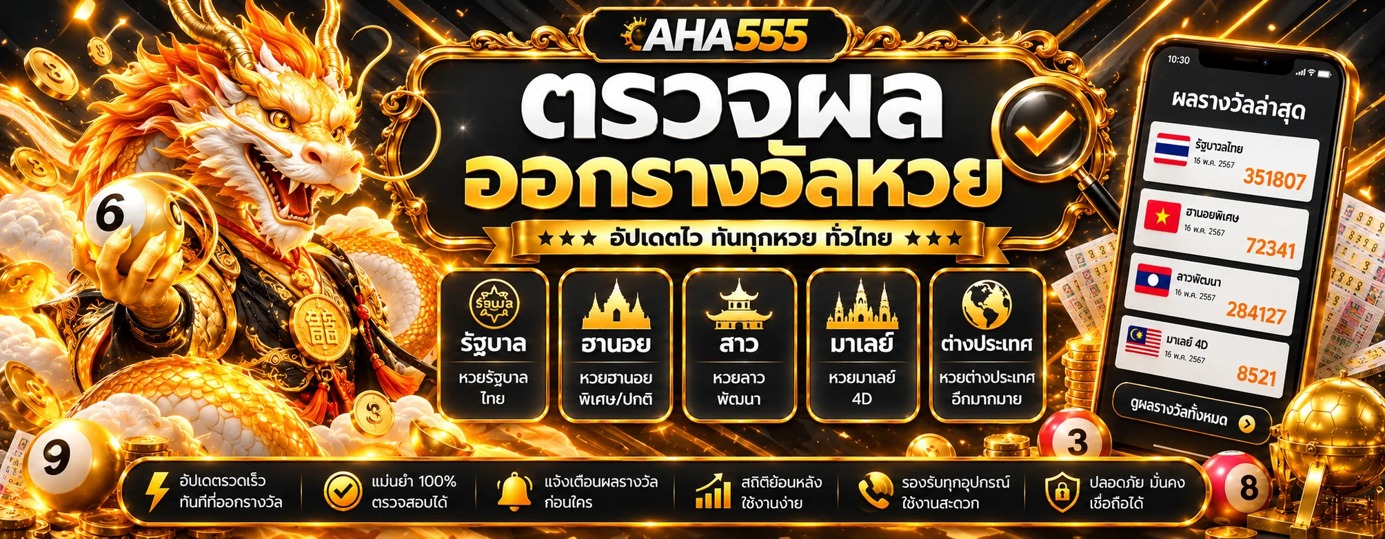 แบนเนอร์ AHA555 หวยและหน้าตรวจผลรางวัล